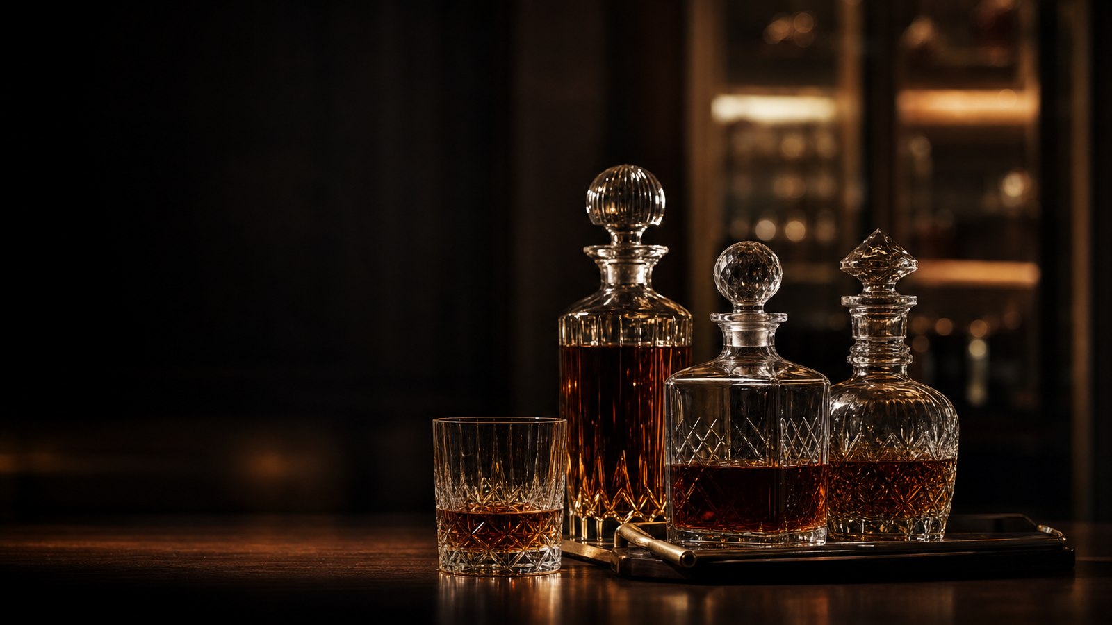 Crystal decanters of amber spirit on dark polished wood, lit from one side, with a warm display cabinet far out of focus behind.
