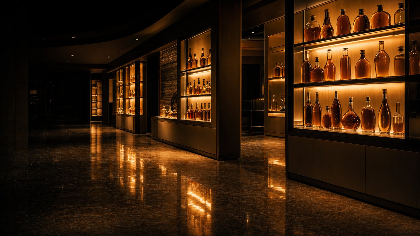 An empty luxury airport travel-retail spirits hall at night, backlit display shelving glowing amber along a polished aisle.